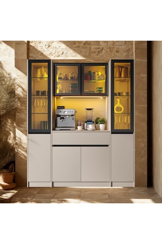 Auren Maxı Led Li Modüler Kahve Köşesi Kum Beji Mdf Kahve Dolabı, Cam Vitrinli, Geniş Depolama Alanlı Modern Kahve Istasyonu