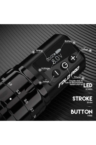 Mast Fold Pro Ayarlanabilir Stroke 2.4 4.2mm Çift Bataryalı Kablosuz Dövme Makinesi - Siyah