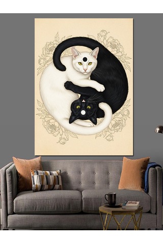 Ahşap Tablo Yin Yang Kedi Felsefesi Çocuk Odası Tabloları