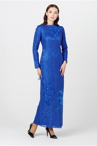 Sax - Tüylü Taşlı Dantel Abiye Elbise Saks