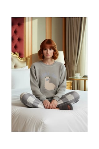 Ersefa Kadın Polar Lama Desenli Pijama Takımı Fonksiyonel Dayanıklı Kali gri