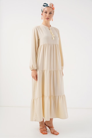 1627 Yaka Bağcıklı Tesettür Elbise - Krem