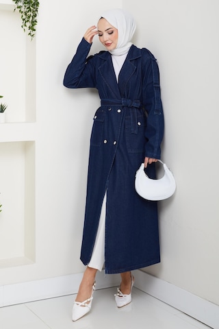 Hb Harma Time Butik Kadın Cepli Kuşaklı Denim Lacivert Trençkot