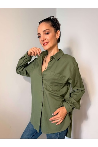Ali Butik Haki Basic Keten Gömlek Haki