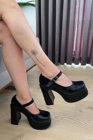 Preshley Kadın Napoli Siyah Rugan Tek Baretli 12 Cm Platform Topuklu Ayakkabı Siyah