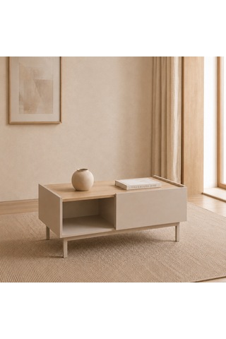The Voguemaxima Luvera Kayın Ahşap Ayaklı Çekmeceli Raflı Orta Sehpa 93,6 60 40 Cm Bej
