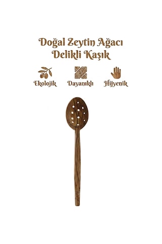 Kamptek Ahşap - %100 Doğal Zeytin Ağacı Delikli Mutfak Kaşığı 30 Cm Ahşap
