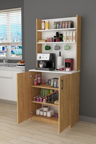 Asra Trend Kahve Köşesi KAHVE01 %100 MDF Çok Amaçlı Mutfak Dolabı Kiler Beyaz - Safir Meşe