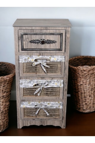 Ahşap 4 Çekmeceli Hasır Görünümlü Sebzelik Rustik
