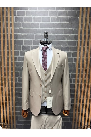 Dupont Classics Erkek Slim Fit 6 Drop Sivri Yaka Yelekli Poliviskon Çift Yırtmaç Takım Elbise Bej
