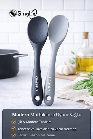 2 Adet Ultra Sert Uçlu Silikon Servis Pilav Kaşığı Yüksek Isıya Dayanıklı Yanmaz Yapışmaz Siyah&Gri