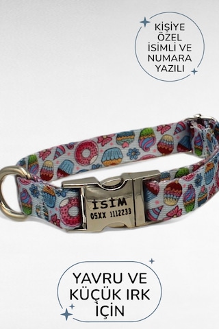 Caramelos İsimli Köpek Tasması, Yavru Köpek Tasması, Küçük Irk Köpek Tasması, Metal Kilit, 1,5 Cm Kırmızı - Mavi