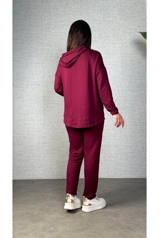 S-pazarım Kadın Uzun Kollu Kapşonlu Bağcıklı Viskon Iki Iplik Bluz Ve Pantolon Ikili Takım Bordo
