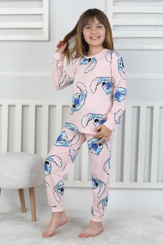 Sevimli Karakter Baskılı %100 Pamuklu Kız Çocuk Pijama Takımı - Pembe Penye Mevsimlik Takım Pembe