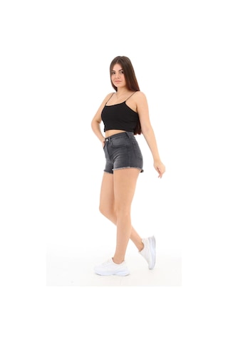 Cedy Denim Kadın Yüksek Bel Yırtlıklı Ve Yıpratmalı Paçası Püsküllü Kot Şort Mini Jean Şort C603 Antrasit