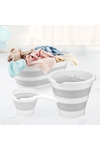 Katlanır Çamaşır Sepeti Katlanır Kova Katlanır Koçero Multi 3'lü Set - Çamaşır Sepeti-kova-koçero Beyaz - Gri