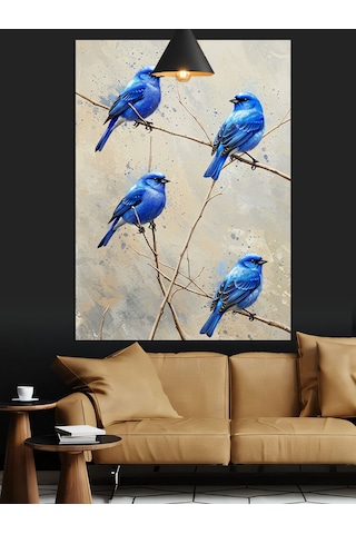 Mavi Tüylü Uçan Üç Kuş Dekoratif Kanvas - Mdf Ahşap Tablo