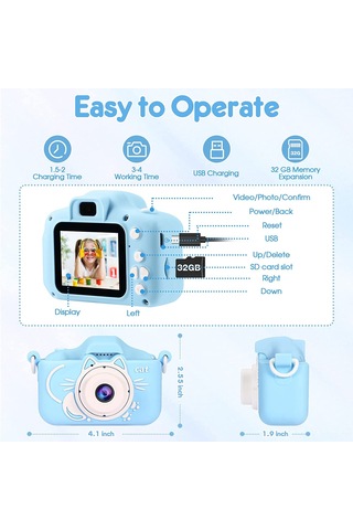 Springsun Çocuklar İçin Eğitici Mini Dijital Kamera - Yüksek Çözünürlüklü Çift Kameralı, Fotoğraf/video/ Oyun Özellikli, Kelebek Mavisi X5s