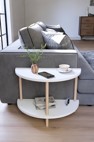 Modern Ahşap İki Raflı Koltuk Yanı Sehpa Çevirmeli Kurulum Salon Yan Sehpası Beyaz
