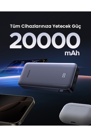 Ugreen Nexode 20.000 Mah 30w Hızlı Şarj Powerbank, Usb-c Kablo Dahil, 2xusb-c, 1xusb-a, 55989b Gri