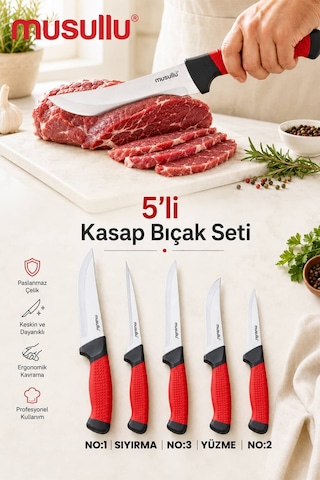 Musullu 5'li Profesyonel Kasap Bıçak Seti Siyah - Kırmızı