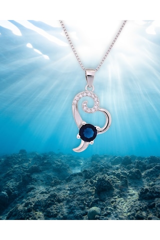 Brezza Lusso Jewelry Diamond Serisi Safir Tektaş Okyanus Kalbi Stylish Gümüş Kadın Kolye 45 CM 45 CM