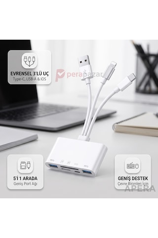 3in1 Type-c Usb Lightning Sd Micro Kart Okuyucu Otg Adaptör - Aynı Anda Tek Uç Aktif - Veri Aktarımı Cr94