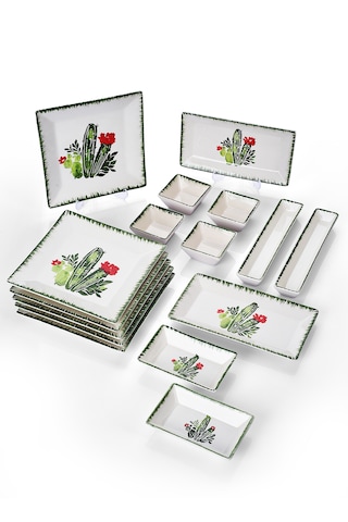 Piatti Naturali 16 Parça 6 Kişilik Kaktüs Kahvaltı Takımı Handmade Sunum Seti Çok Renkli