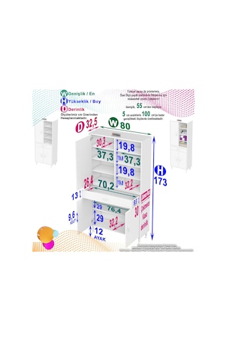 Eliusta Funci Beyaz Renk G:80 Cm Banyo Dolabı 3 Kapaklı 7 Raflı Dolap 80x173x32,5 Cm Boyutlarında Dolap Beyaz