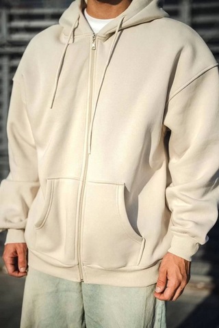 Oversize Tam Fermuarlı Uzun Kol Hırka - Bej Bej