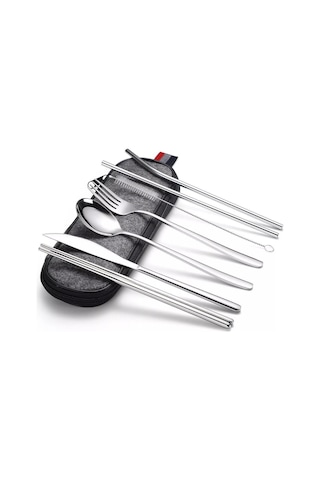 Valkyrie 8 Parça Çantalı Yolculuk Çatal Bıçak Kaşık Pipet Chopstick Seti Kamp Okul Ofis Tatil Paslanmaz Çelik Metal Metalik
