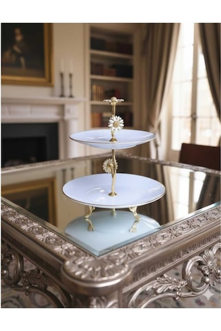 Çnr Home Collection Metal Ayakli Yaldizli Katli Porselen Sunumluk Kurabiyelik Şekerlik Beyaz