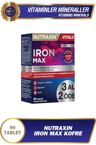 Nutraxin Iron Max 17 Mg 90 Tablet Avantajlı Paket - Gentle Iron, Vitamin C, B12, B6, 3 Aylık Kullanım