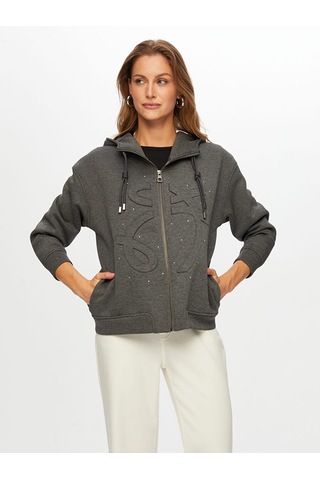 Faik Sönmez Relax Baskı Ve Taş Detaylı Kapüşonlu Sweatshirt W26swt010 Uw26swt010154 Antrasit Melanj