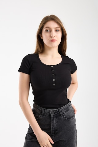 Hdm Kadın Esnek Fitilli Yakası Çıtçıtlı Siyah Kısa Kol Basic Örme Bluz - H5993-54 Siyah