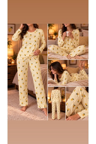 Lila İç Giyim Kadın Süet Limon Desenli Uzun Kollu Pijama Takımı Rahat Kesim Ev Giyim Seti Sarı
