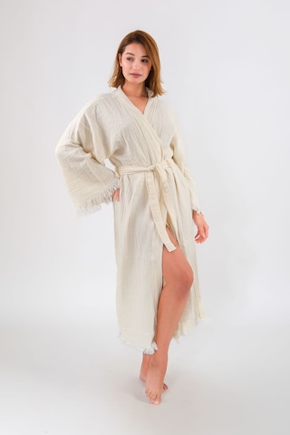 Befera Müslin Kimono Pamuklu Fatma Ana Eli Baskılı Desenli Bornoz Kaftan Sabahlık Ekru