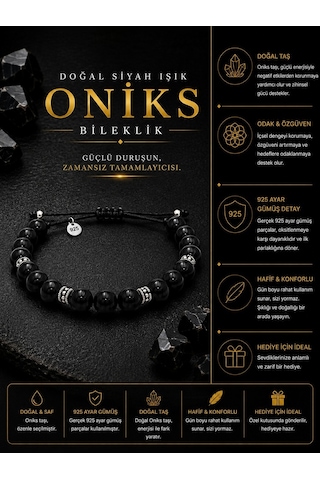 Safir Jewellery Oniks Doğal Taşlı 8mm - 925 Ayar Gümüş Süslemeli Makrome Örgülü İpli Erkek Bileklik – Hediye Kutulu