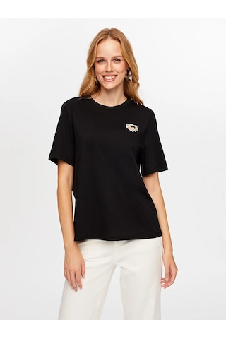 Faik Sönmez Taş Kalp Nakışlı Kadın T-shirt W26tsh094 Siyah