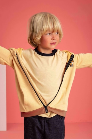 Luess Unisex Çocuk Kedi Nakışlı Fermuarlı Kapüşonlu Hırka Bej