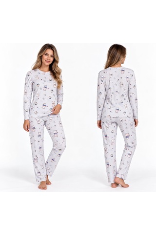 Pijama Denizi Pijama Partisi Kadın Mavi Uzun Kollu Desenli Pijama Takımı Sevimli Ayıcıklı Desenli Ev Giyim Seti Açık Mavi
