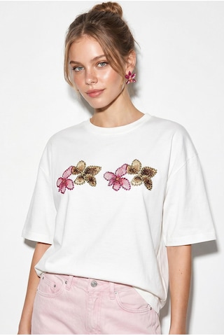 Shade Kadın Bisiklet Yaka Taş Baskı Detaylı Oversize Pamuklu T-shirt Öt100013 60286272 - Beyaz-pembe
