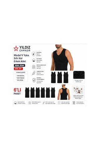Yıldız Çamaşır Erkek Modal V Yaka Sıfır Kol Likralı Fanila Atlet 380-381 - 6 Adet Siyah