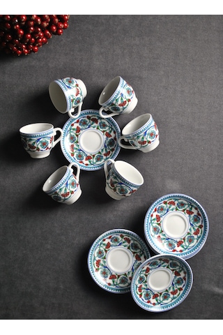 6 Kişilik Porselen Çini Motifli Kahve Fincanı Takımı Otantik Kahv