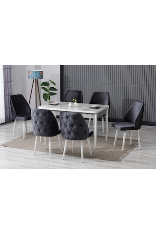 Alin Beyaz Mermer Desen 80x132 Açılabilir Mdf Masa Yemek Odası Takımı Mutfak Takımı 6 Sandalyeli Gri