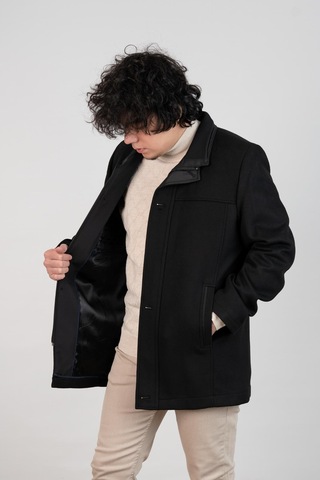 Yakalı Klasik Kesim Fermuarlı Kaşe Erkek Kaban Siyah