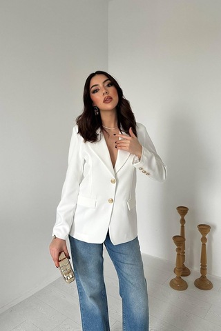 Cemo Kadın Klasik Yaka Gold Düğme Detaylı Blazer Ceket Ekru