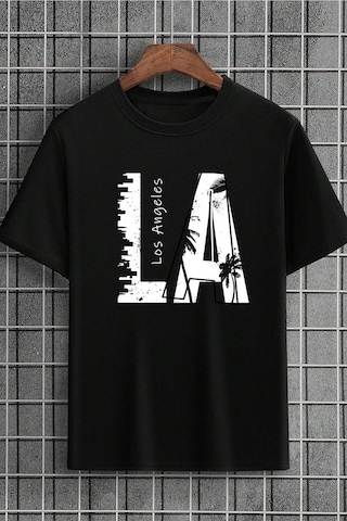 Unisex Los Angles Baskılı Tasarım Tshirt Siyah