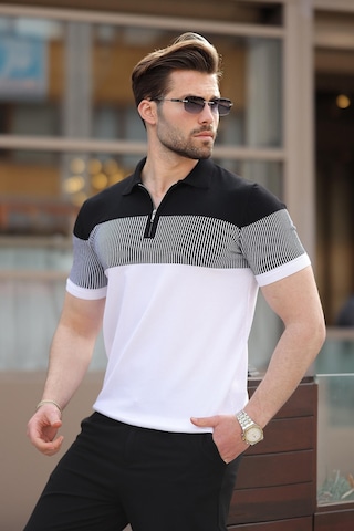 Madmext Beyaz Renk Bloklu Polo Yaka Triko Erkek T-shirt E7409 Beyaz