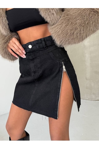 Herton Kadın Siyah Fermuar Detaylı Denim Mini Etek - %100 Pamuk Yırtmaçlı Kot Etek Çok Renkli
